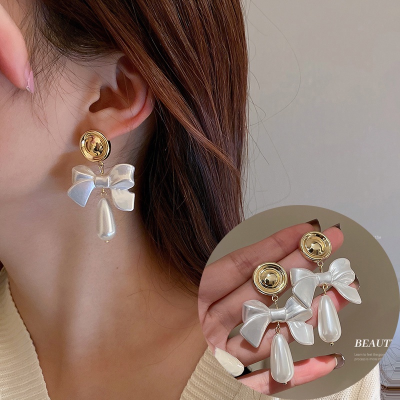 Bông Tai Mạ Bạc 925 Hình Nơ Đính Ngọc Trai Dáng Dài Phong Cách Hàn Quốc Thời Trang Cho Nữ