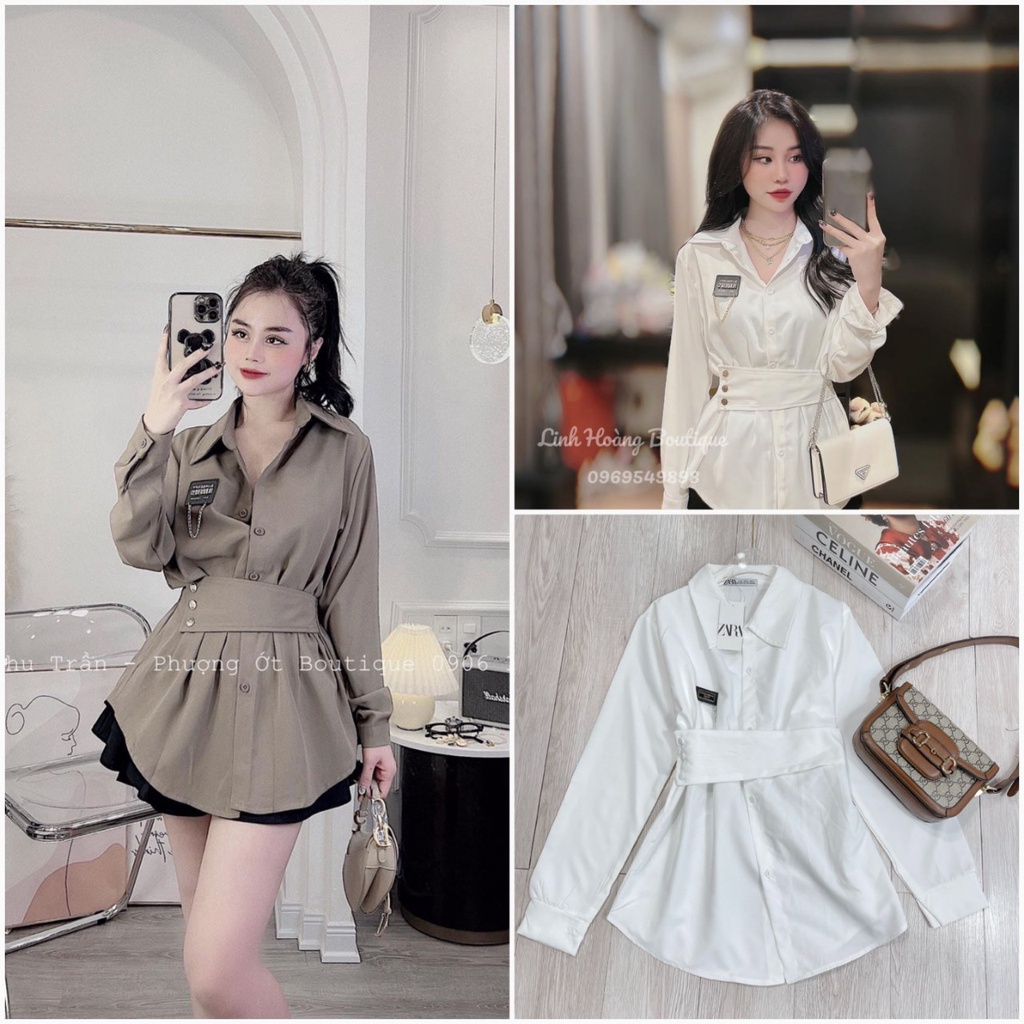 Áo sơ mi nữ dáng dài form rộng may logo, áo sơ mi dài tay công sở 3 màu năng động