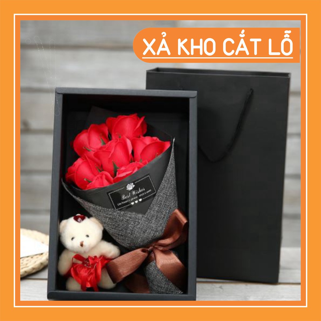 Hoa Hồng Sáp Hộp Đen 7 Bông 1 Gấu