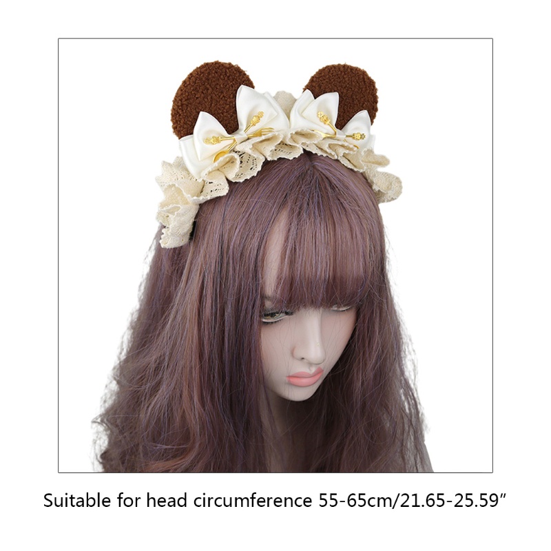 Băng Đô Tai Gấu Bông Nhún Bèo Phối Ren Phong Cách Lolita Nhật Bản