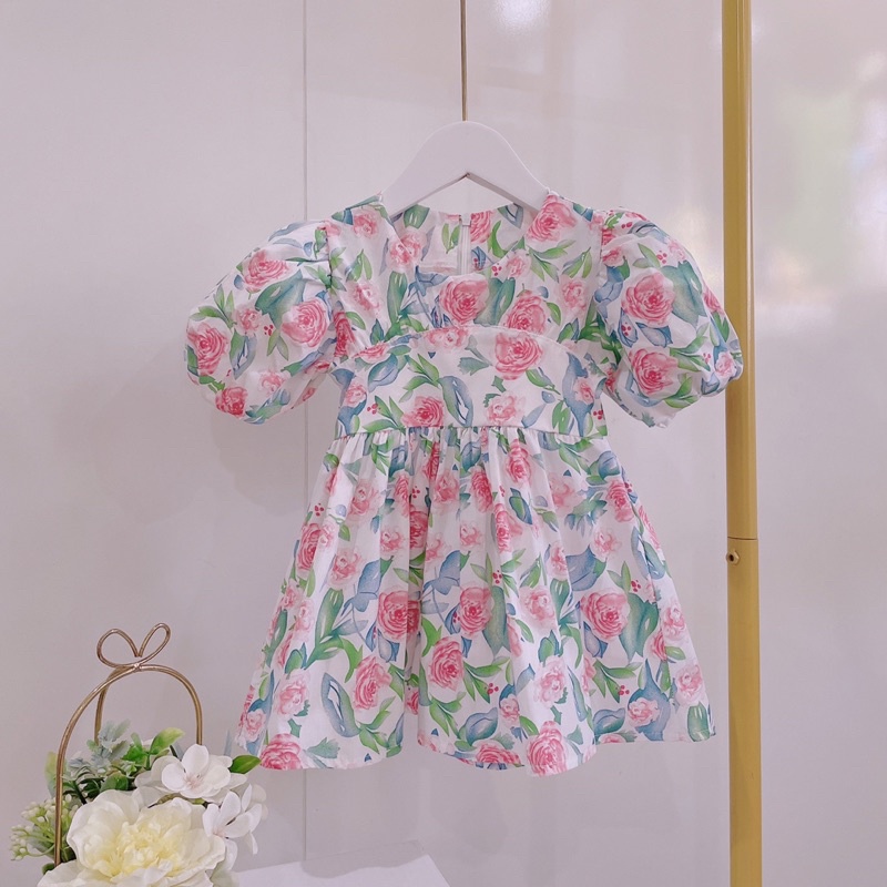 Váy trẻ em Váy hoa hồng xanh tay phồng sang xịn tiểu thư cho bé gái