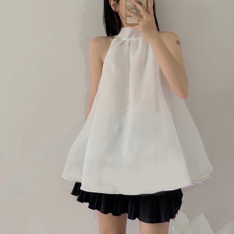 Áo Kiểu Nữ Cổ Yếm Xếp Ly Cài Cúc Form Rộng Hở Vai Beveda