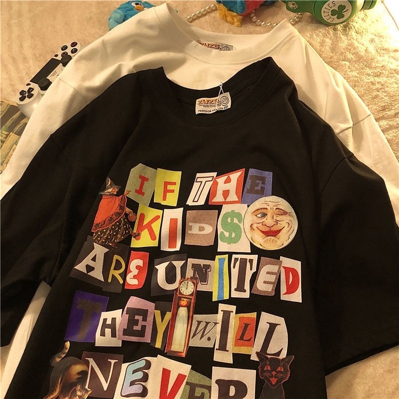 Áo Thun Cotton Ngắn Tay In Chữ Sáng Tạo Thời Trang Hàn Quốc Cho Nữ