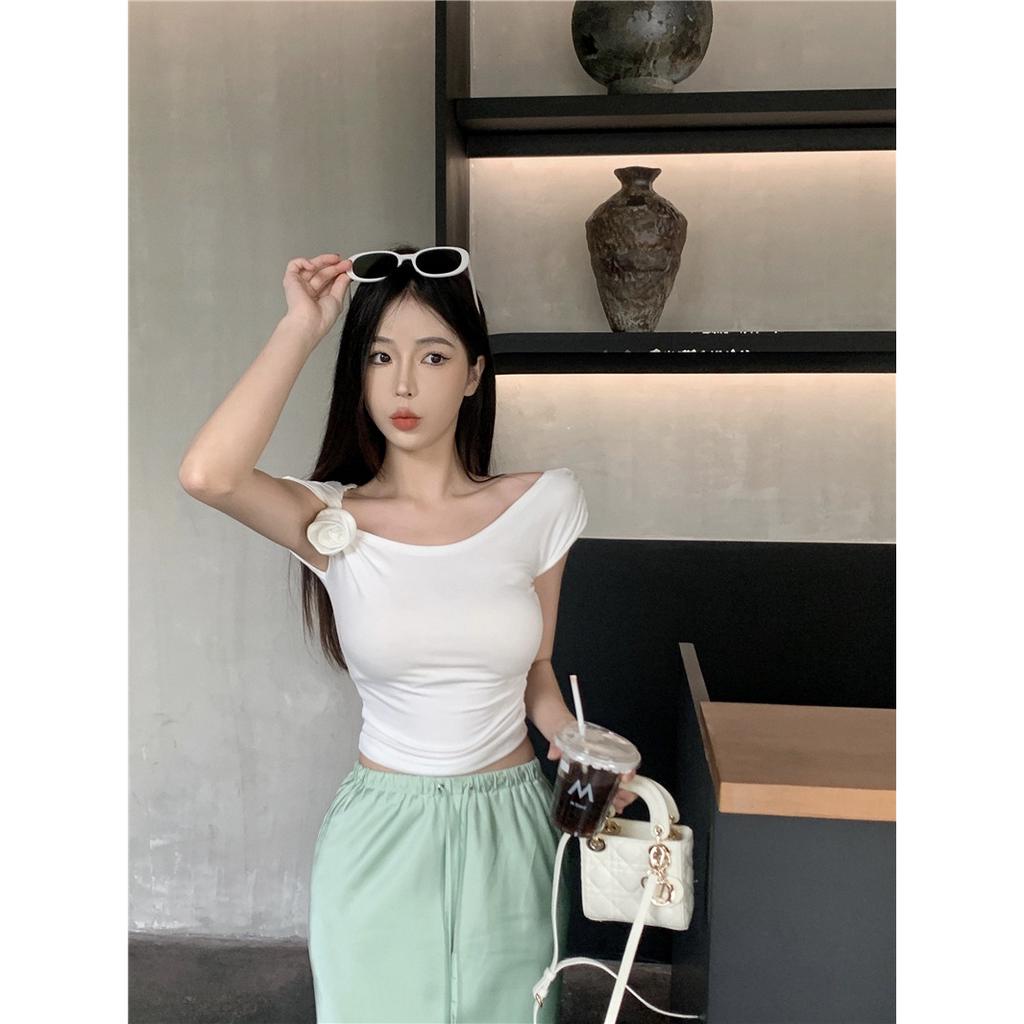 Áo Thun Croptop Dệt Kim Trễ Vai Màu Trơn Dáng Ôm Thời Trang Mùa Hè Xinh Xắn Cho Nữ