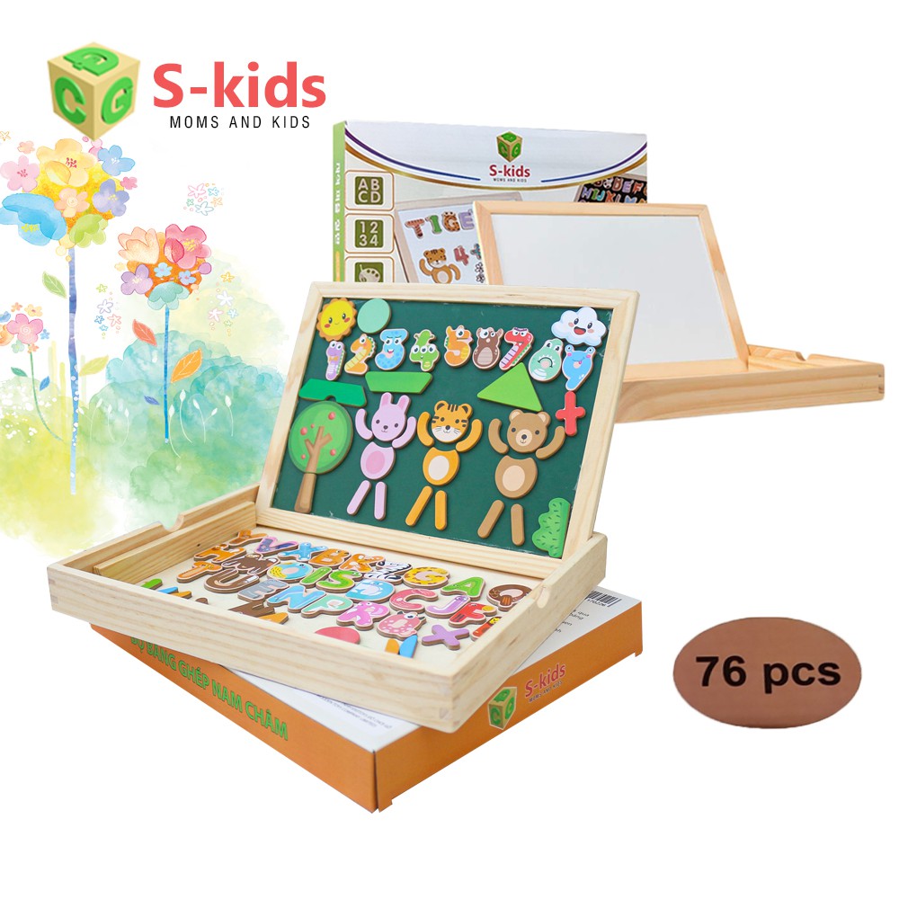 Đồ chơi gỗ S-kids, Bảng xếp hình chữ cái, số đếm, động vật đính nam châm