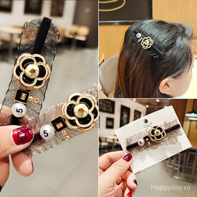 Kẹp tóc mái hoa trà pha ren Dongdaemun khí chất Hàn Quốc