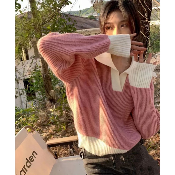 Áo sweater NZN dệt kim dáng rộng màu tương phản thời trang mùa thu cho nữ