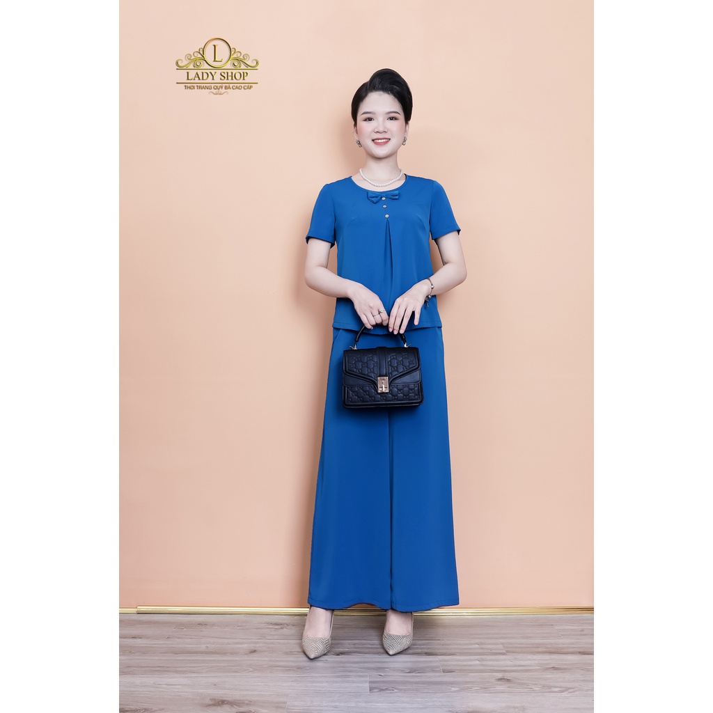 Bộ lụa nhật trơn cổ nơ quần dài Ladyshop thời trang trung niên cao cấp TK895