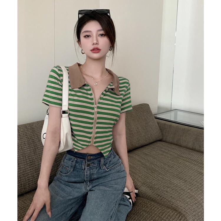 QKOOLE Áo Thun Tay Ngắn Có Khóa Kéo Phong Cách Hàn Quốc Cho Nữ