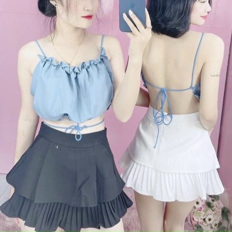 Áo croptop mút ngực hở lưng dây bún siêu xinh- chất kate Nhật mềm mịn, dày dặn- giá sĩ