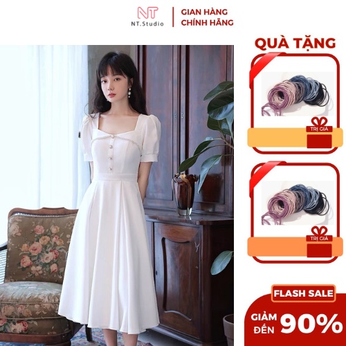 Váy cô dâu cổ cánh tiên, đính cúc ngọc, đi tiệc sang trọng_Deloga