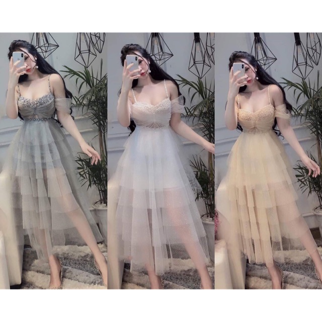 ẢNH &amp; VIDEO THẬT 10000%  Đầm xoè rớt vai tầng kết đá