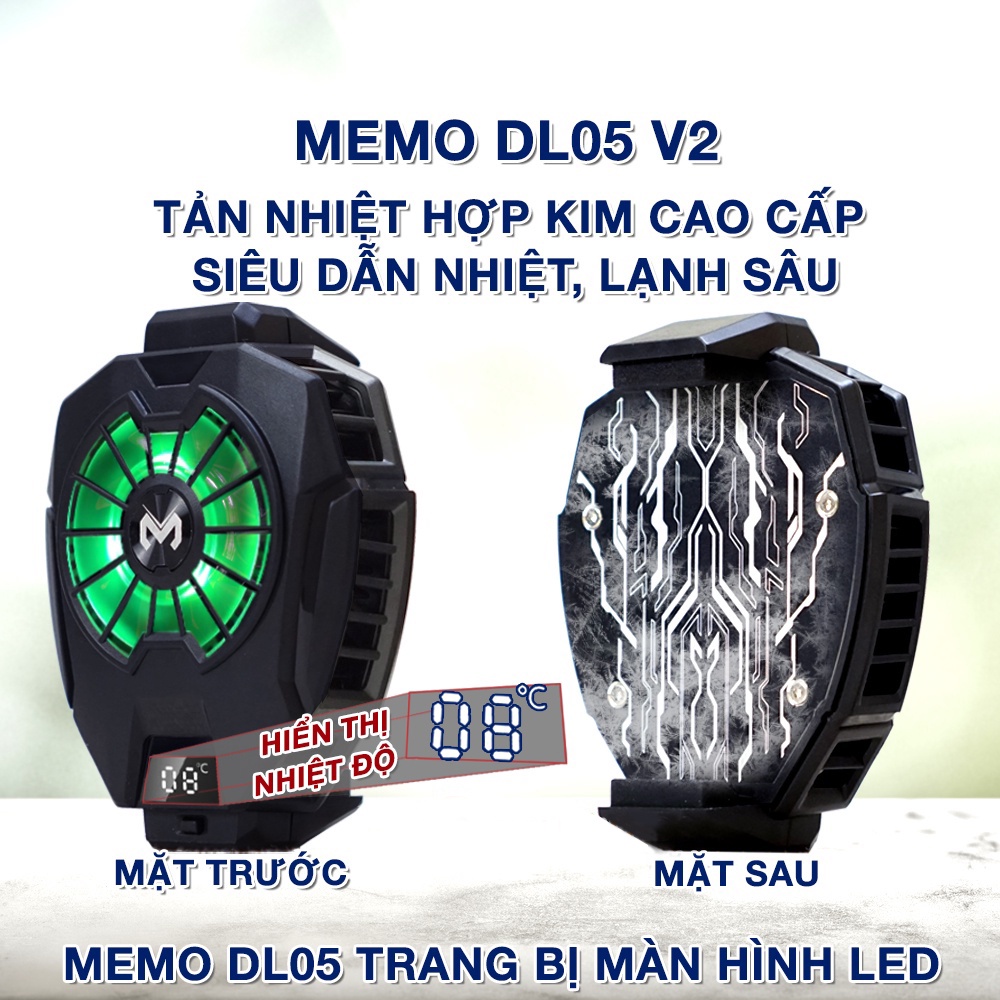 Quạt tản nhiệt điện thoại Memo DL05 sò lạnh siêu lạnh, hiển thị nhiệt độ, LED RGB, Kẹp thu vào 2 chiều