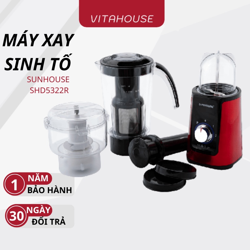 Máy xay sinh tố đa năng SUNHOUSE SHD5322 (màu đỏ) - kèm 3 cối xay tiện dụng
