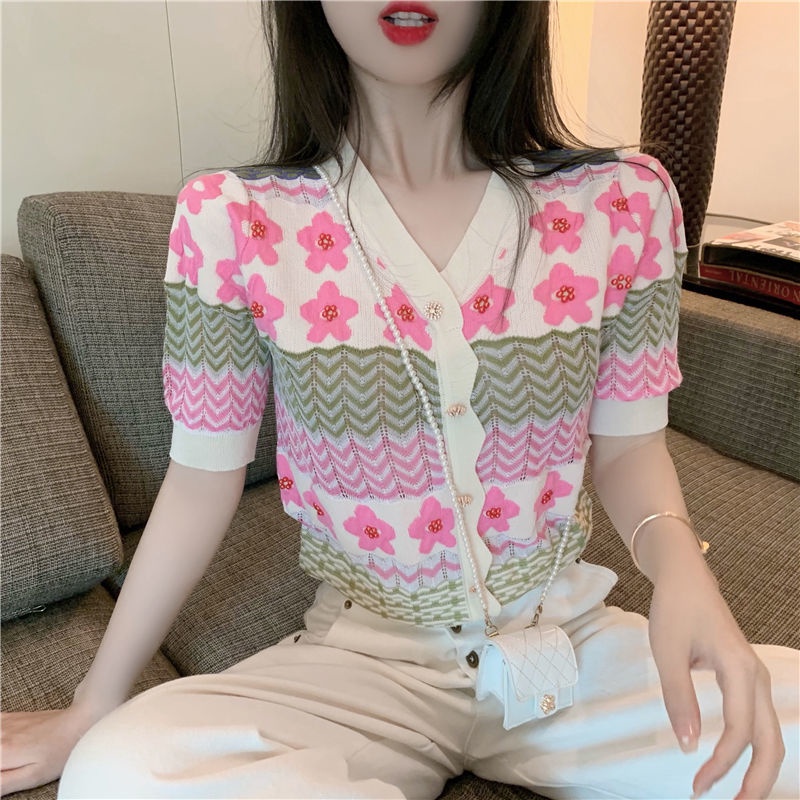 Áo Dệt Kim Tay Ngắn Cổ Chữ v Thiết Kế Đục Lỗ Thời Trang Cho Nữ  tao bao