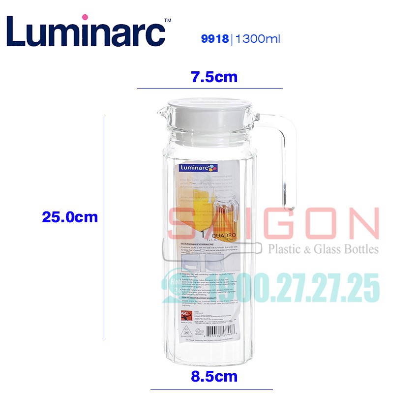 Bình Nước Thủy Tinh Luminarc Quadro 1300ml | Luminarc L9918 , Thủy Tinh Cao Cấp