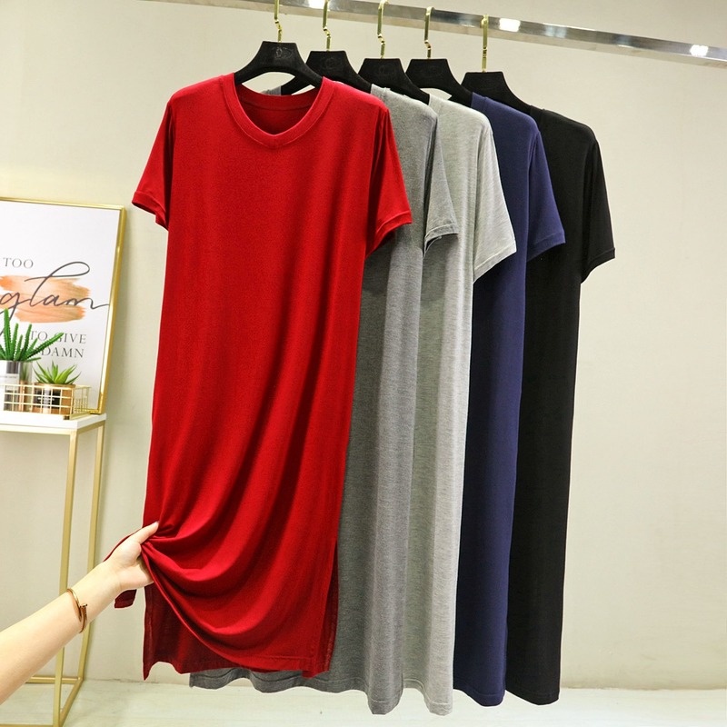 Đầm Ngủ Cotton Tay Ngắn Cổ Chữ V Dáng Rộng Màu Trơn Thoải Mái Thời Trang Mùa Hè Cho Nữ