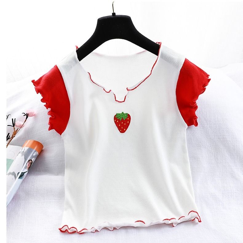 AMOI Áo Thun Dệt Kim Tay Ngắn Dáng Rộng Thêu Hình Dâu Tây Phong Cách Hàn Quốc Dành Cho Nữ