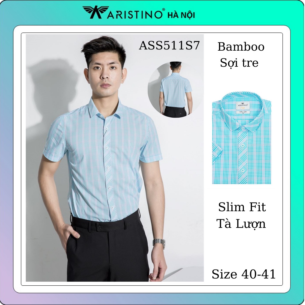 Áo sơ mi nam ngắn tay ARISTINO kẻ caro xanh ngọc, chất bamboo sợi tre, dáng slimfit ASS511S7 (xả)