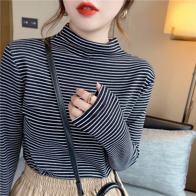 Áo Thun Tay Dài Cổ Cao 95% Cotton Họa Tiết Kẻ Sọc Thời Trang Cho Nữ 2021