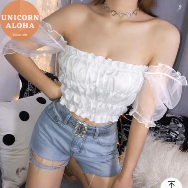 Áo Trễ Vai Voan Kiếng Nhún Croptop Hở Vai Tay Ngắn Phồng Bo Thun Nữ DRACR04 Mys Aloha Kill System new