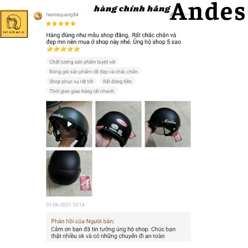 Mũ bảo hiểm nửa đầu Andes 139 kính âm màu đen nhám , lót mũ tháo rời vệ sinh, Thế Giới Mũ 87