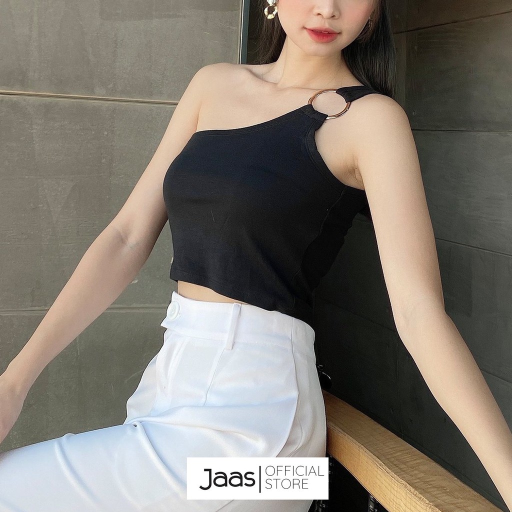 Áo crop top lệch vai ôm body đeo khoen - 2 màu trắng, đen