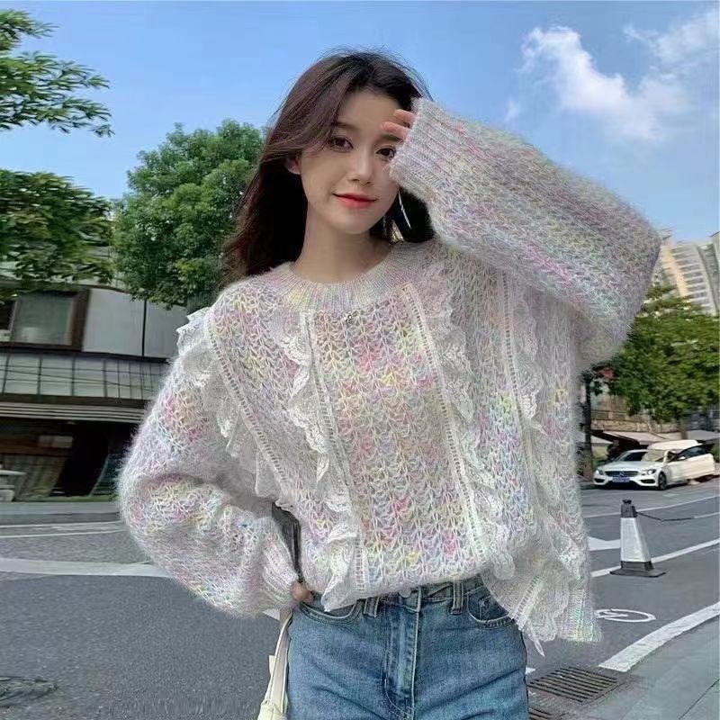 Áo Sweater Dệt Kim Dáng Rộng Phối Ren Thời Trang Mùa Thu Hàng Mới