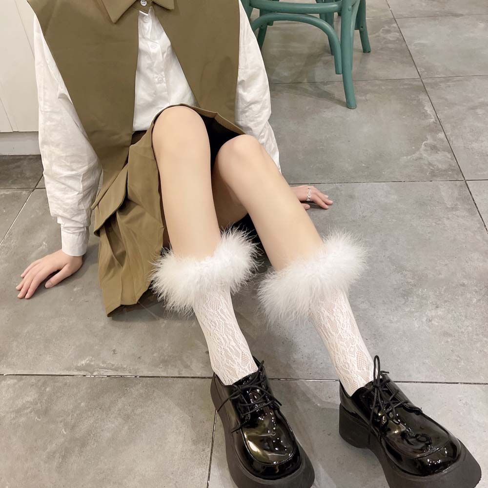 Vớ ren cổ cao phối lông vũ phong cách Lolita xinh xắn