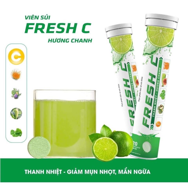 Viên sủi FRESH - C (tuýp 20 viên) Hương Cam, Hương Chanh, Hương Chanh Leo giúp Thanh nhiệt, Tăng đề kháng cho cơ thể