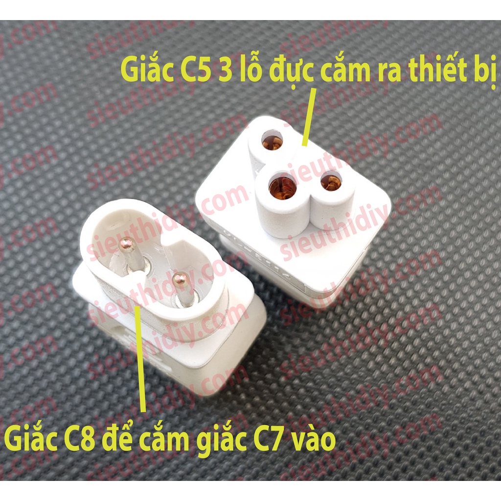 Giắc chuyển đầu nguồn AC từ C7 2 lỗ đực ra C5 đực 3 lỗ