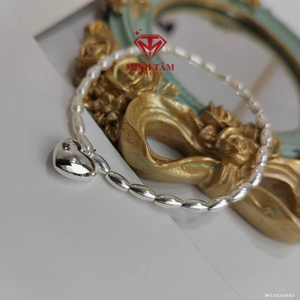 Lắc tay bạc nữ trái tim kết hợp hạt trai nuôi hạt gạo hàng cao cấp-Minh Tâm Jewelry