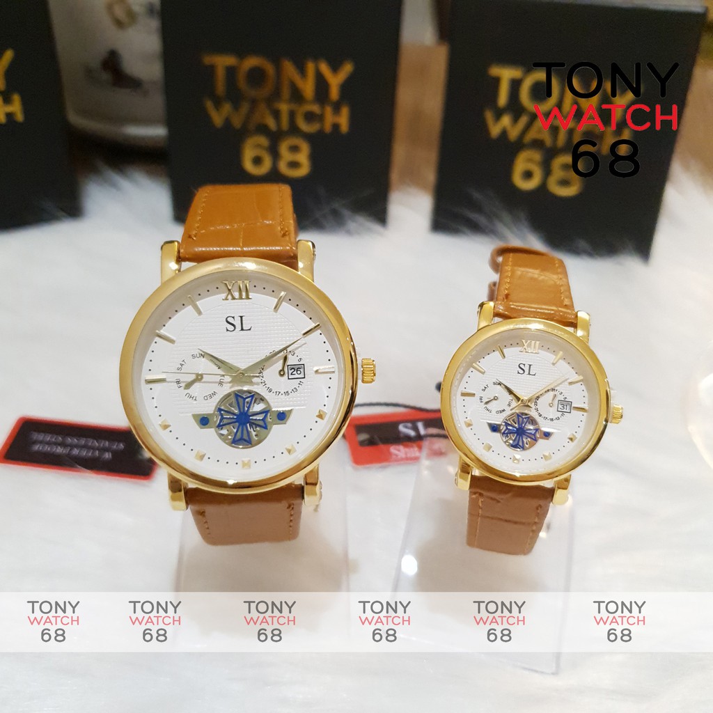 Đồng hồ cặp đôi nam nữ SL dây da viền vàng lộ máy chống nước chính hãng giá rẻ Tony Watch 68