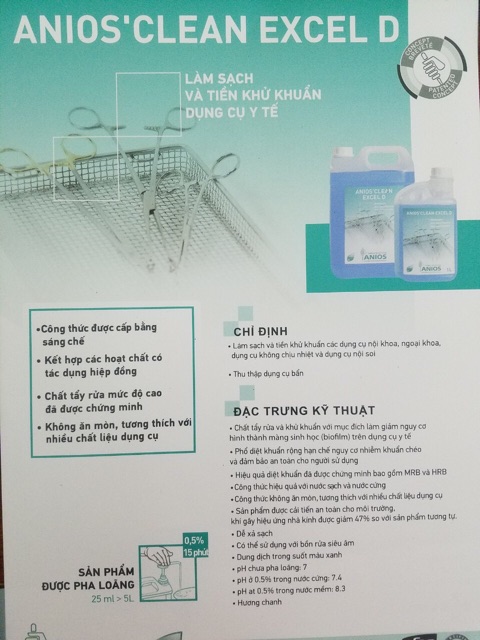 Dung dịch ngâm dụng cụ Hexa Anios - Tên thay thế mới Anios’ Clean Excel 1L