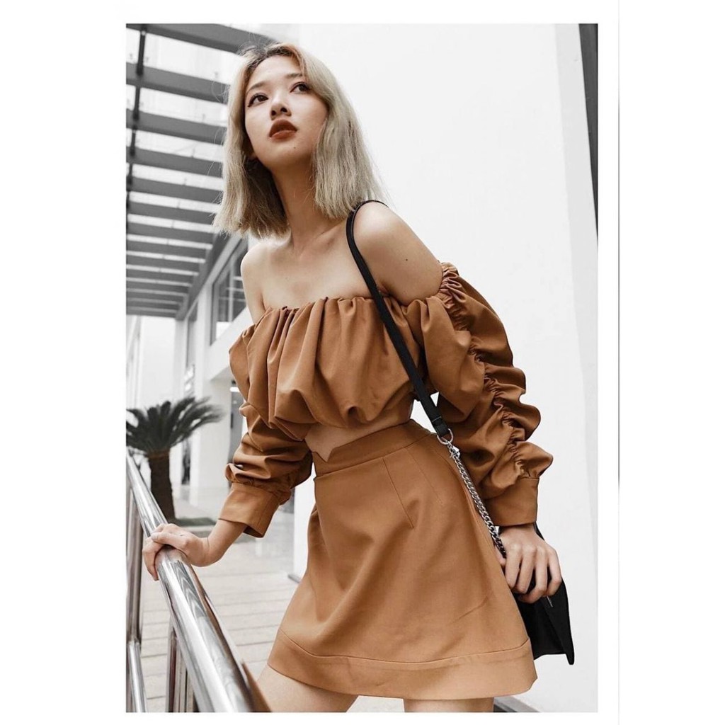 Set Áo Bẹt Vai Tay Dài + Chân Váy Chữ A HOT (NÂU)