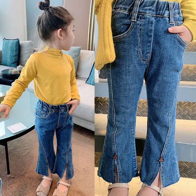 Quần Jeans Ống Loe Xẻ Tà Phong Cách Phương Tây Thời Trang Hàn Quốc Cho Bé Gái
