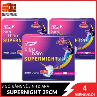 COMBO 3 Băng vệ sinh Diana Ban đêm Siêu thấm Supernight cánh 29cm 4 miếng/gói X3