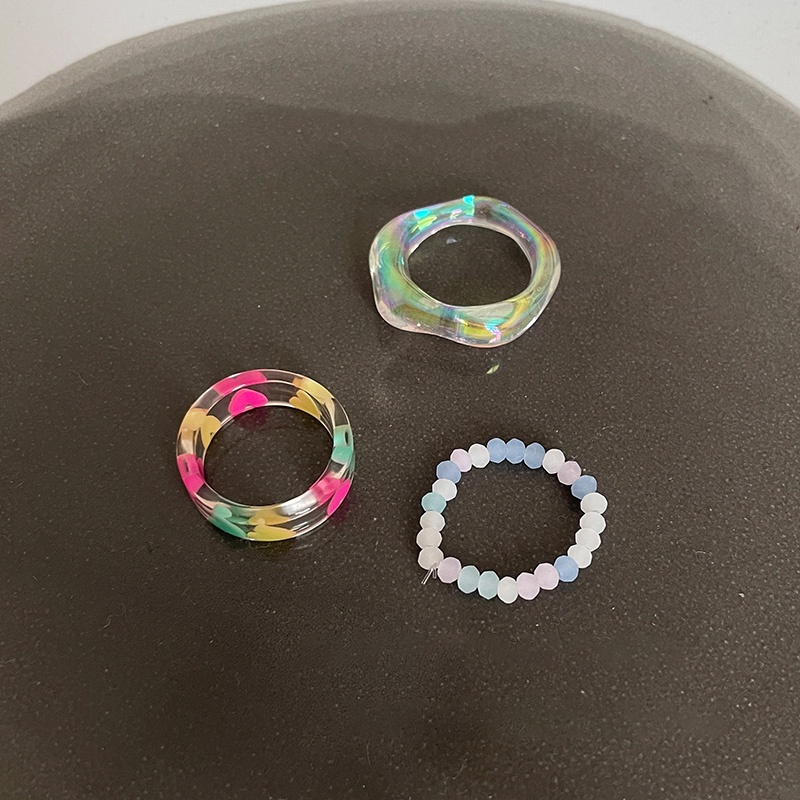 ✨✨Bộ 3 Nhẫn Acrylic Trong Suốt Đính Hạt Hình Trái Tim Nhiều Màu