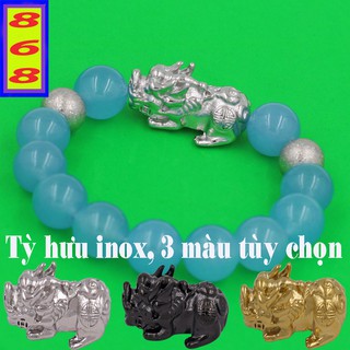 Vòng tay chuỗi hạt đá Xanh Biển 14 ly ( size XXL ) charm tỳ hưu 2 bi inox - Hợp mệnh Mộc, mệnh Thủy - Vòng size lớn