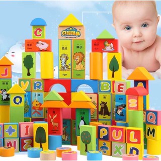 Bộ đồ chơi xếp hình khối bằng gỗ 100 chi tiết hình chữ, số và các con vật