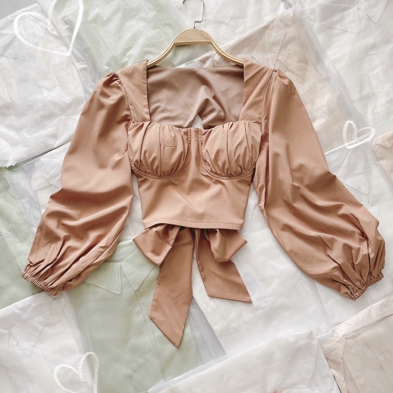 ÁO CROP NÂU CỘT NƠ LƯNG TAY PHỒNG