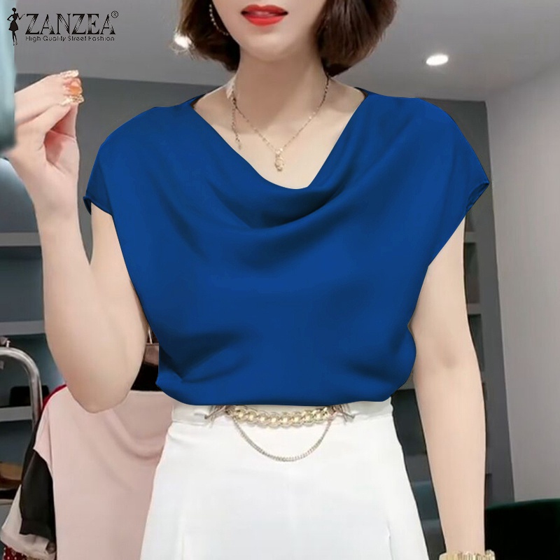 Áo kiểu ZANZEA vải satin tay ngắn màu trơn thời trang dành cho nữ