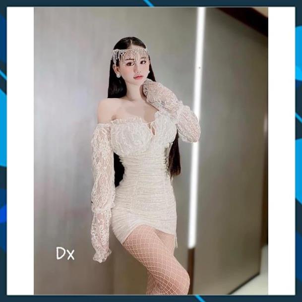 Đầm body ren trễ vai rút dây ngực
