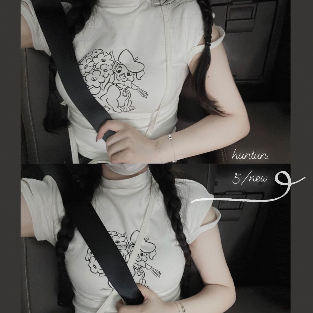 ✺■Áo Thun Tay Ngắn Dáng Ôm In Hình Chú Chó Màu Trắng Đen Phong Cách Hàn Quốc Thời Trang Mùa Hè Cho Nữ