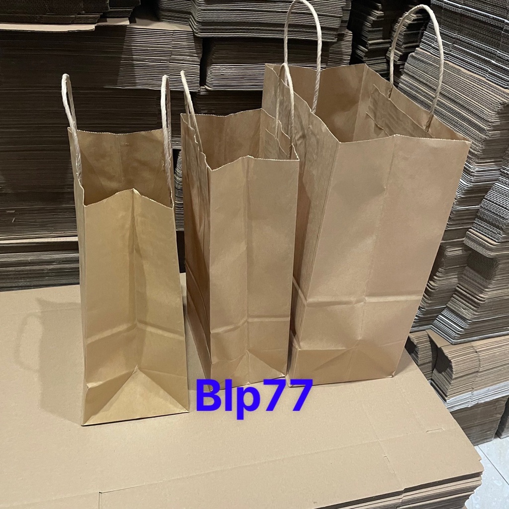 Túi giấy kraft Nhật nâu trơn có quai đựng thực phẩm nhiều kích thước, túi giấy xi măng đáy vuông