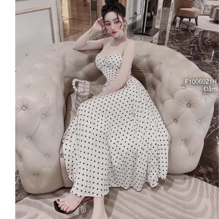 Đầm maxi họa tiết chấm bi dáng xòe cúp ngực!