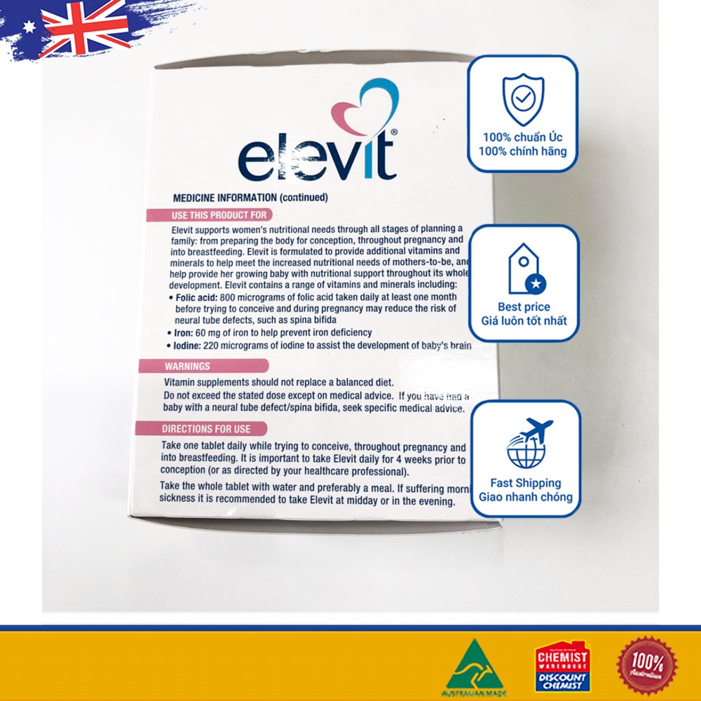[Tem Chemist] Viên uống Bổ sung Vitamin tổng hợp cho bà bầu Elevit Pregnancy Multivitamin 100 viên chuẩn Úc (SP3)