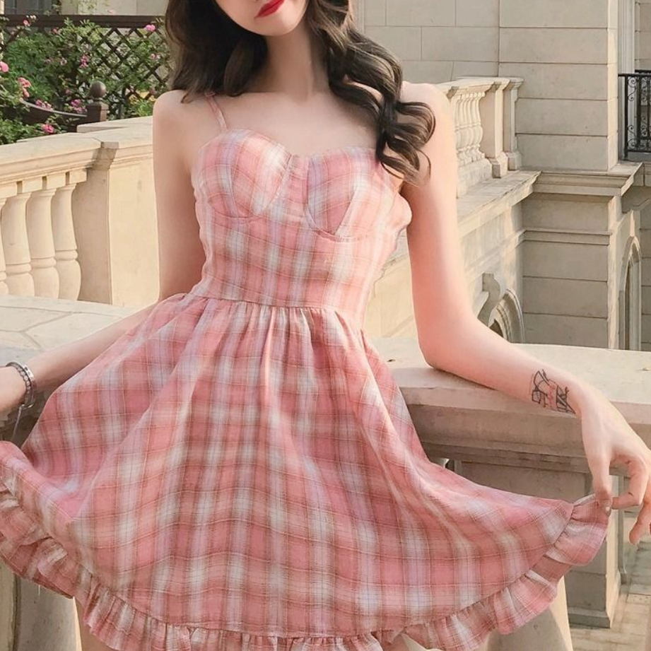 Váy 2 dây sọc caro hồng cổ điển