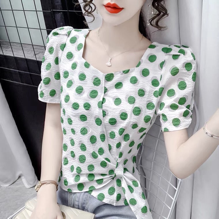 Áo Chiffon Cổ Vuông Tay Ngắn Họa Tiết Chấm Bi Thời Trang Mùa Hè Cho Nữ