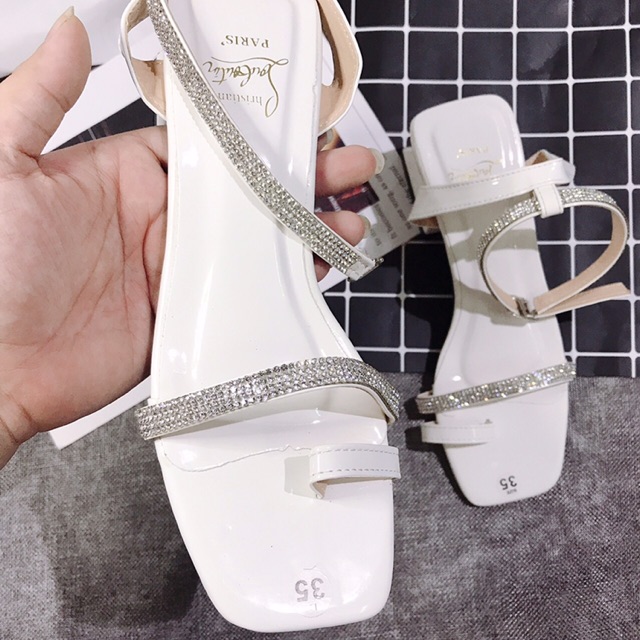 [Tưng bừng giảm giá] Giày sandal cao gót 4-5 gót tháp da bóng quai mảnh đá xỏ ngón hàng VNXK cao cấp bao keo 3 tháng